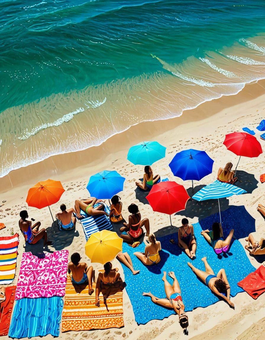 A vibrant beach scene with a diverse group of people showcasing stylish swimwear, featuring various fits and patterns. Add elements like colorful beach towels, umbrellas, and seashells scattered on the sand. Include a bright blue ocean in the background and a clear sunny sky overhead, evoking a sense of relaxation and fun. super-realistic. vibrant colors. summer vibes.