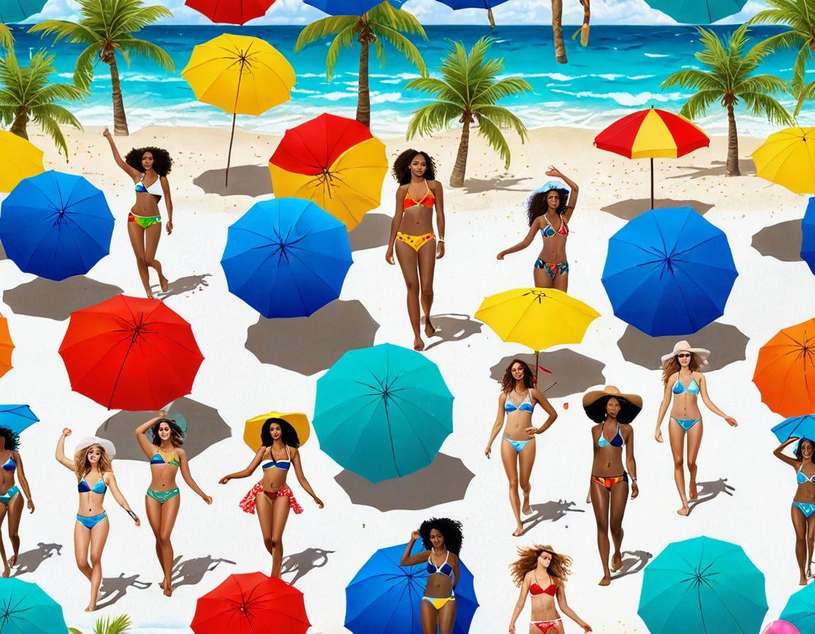 A vibrant beach scene showcasing diverse models wearing the latest bikini trends and stylish swimwear, surrounded by colorful beach umbrellas, palm trees, and sparkling ocean waves. Include playful elements like beach balls and surfboards, capturing the essence of summer fun and adventure. The sky should be sunny with a few fluffy clouds, evoking a joyful atmosphere. Highly detailed and inviting. super-realistic. vibrant colors. white background.
